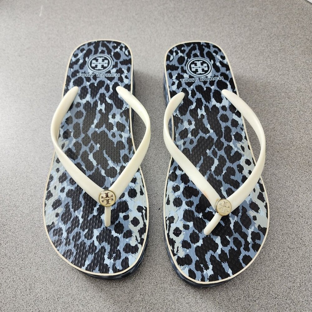 Tory Burch Blue and Black Leopard Print Flip Flops with Cream Straps